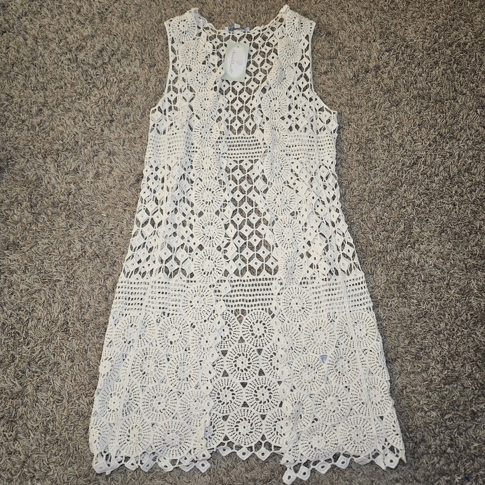 Keren Hart Cream Ivory Crochet Knit Open Front Cardigan Size Medium Boho NWT